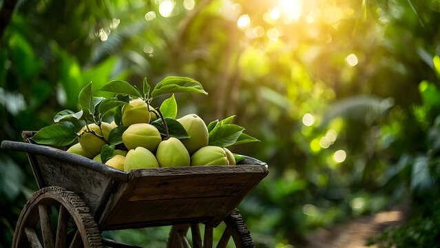 A wooden cart filled with fresh, green lemons against a lush, illuminated background of foliage. Concept Lemons in Nature, Rustic Wooden Cart, Fresh Produce Photography, Lush Foliage Background