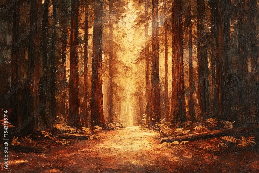 Poster golden sunlight filters through a majestic redwood forest, creating a path of light.