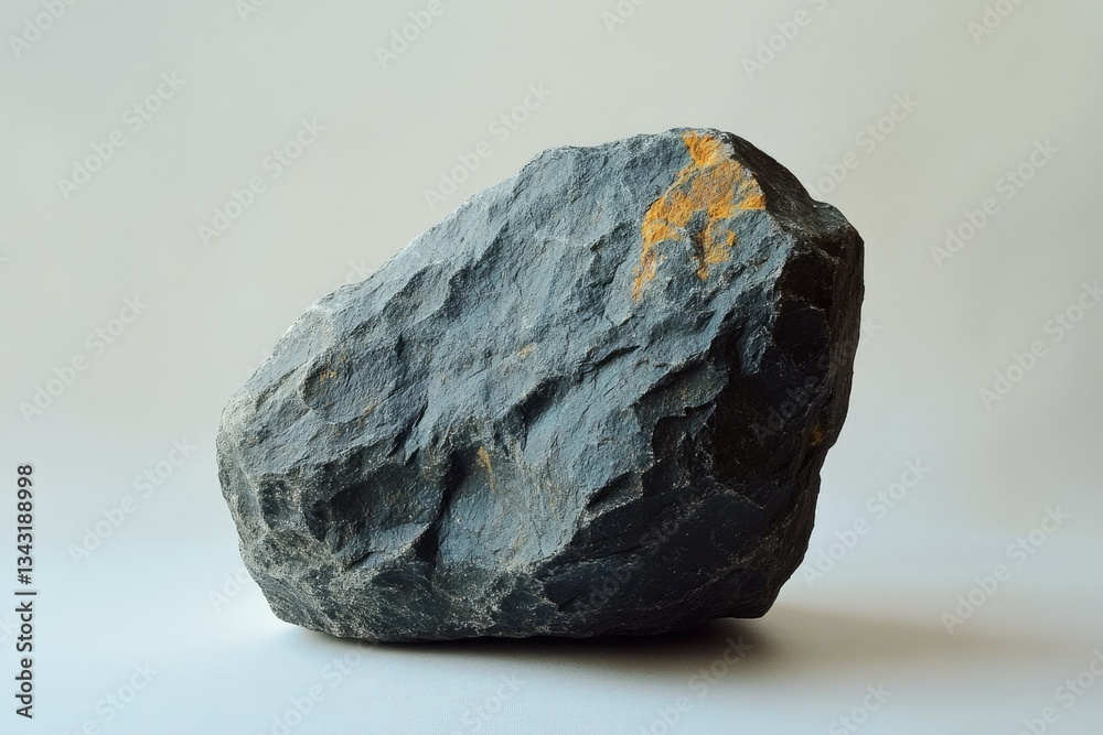 Poster a dark gray boulder with rough texture and subtle orange mineral deposits, isolated on a light gray 