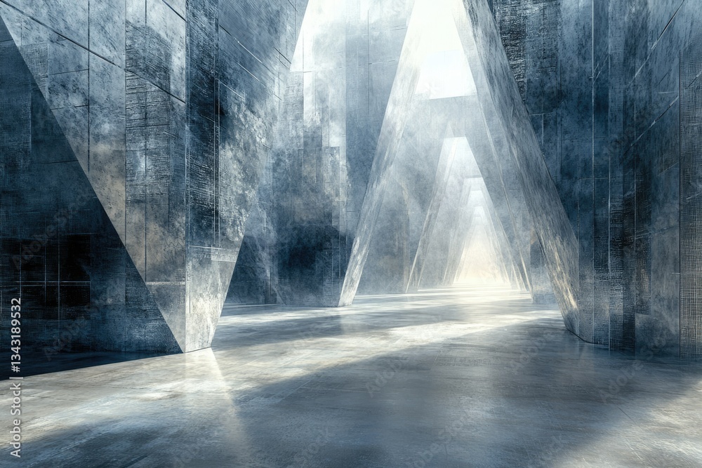 Aufkleber Abstract futuristic concrete structure with triangular architecture, bathed in ethereal light.