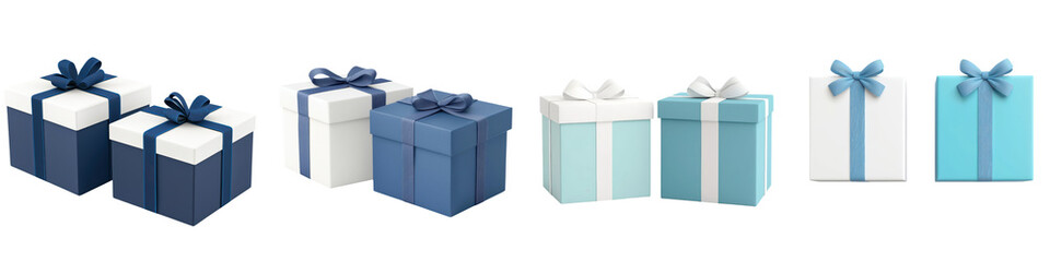 Naklejka premium An elegant display of various gift boxes in navy white and turquoise colors tied with decorative ribbons and bows arranged in a symmetrical composition on a reflective surface