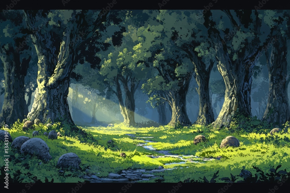 Poster sunlit forest path winds through ancient trees, dappled light illuminating lush greenery and mossy r