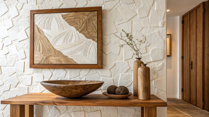 Textured white and brown wall with framed abstract artwork above a wooden table holding a sculpted wooden bowl, creating a refined and artful modern home design with organic elements.
