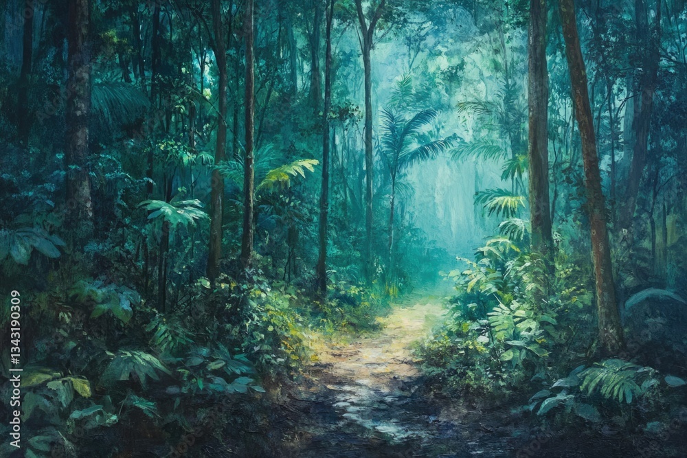 Poster A tranquil path winds through a lush, emerald rainforest, sunlight filtering through the dense canopy.