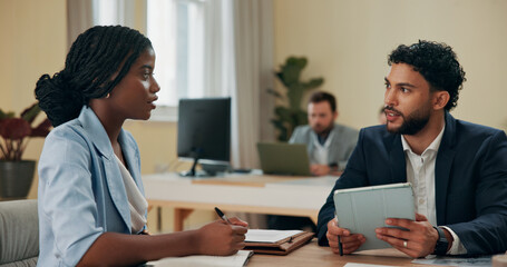 Fototapeta premium Business, people and meeting on tablet in office of planning, explain proposal and finance feedback. Staff, digital and notes of budget solution, insurance policy and advice of investment opportunity