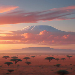Realistic breathtaking Kenyan savanna at twilight, featuring Mount Kilimanjaro, vast plains, and skys harmony."
