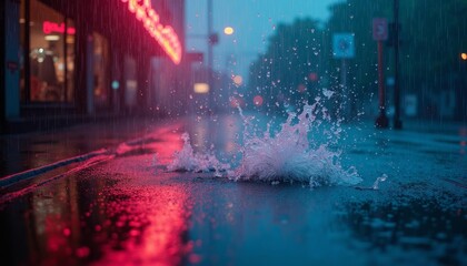 Water splashes bloom under neon lights on rainy nights
