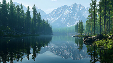 Naklejka premium Serene Mountain and Lake Reflections in Soft Pastel and Blue Hues 