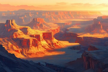 Naklejka premium Sunset paints the Canyonlands' rugged cliffs in fiery hues, a breathtaking panorama of vast, ancient rock formations.
