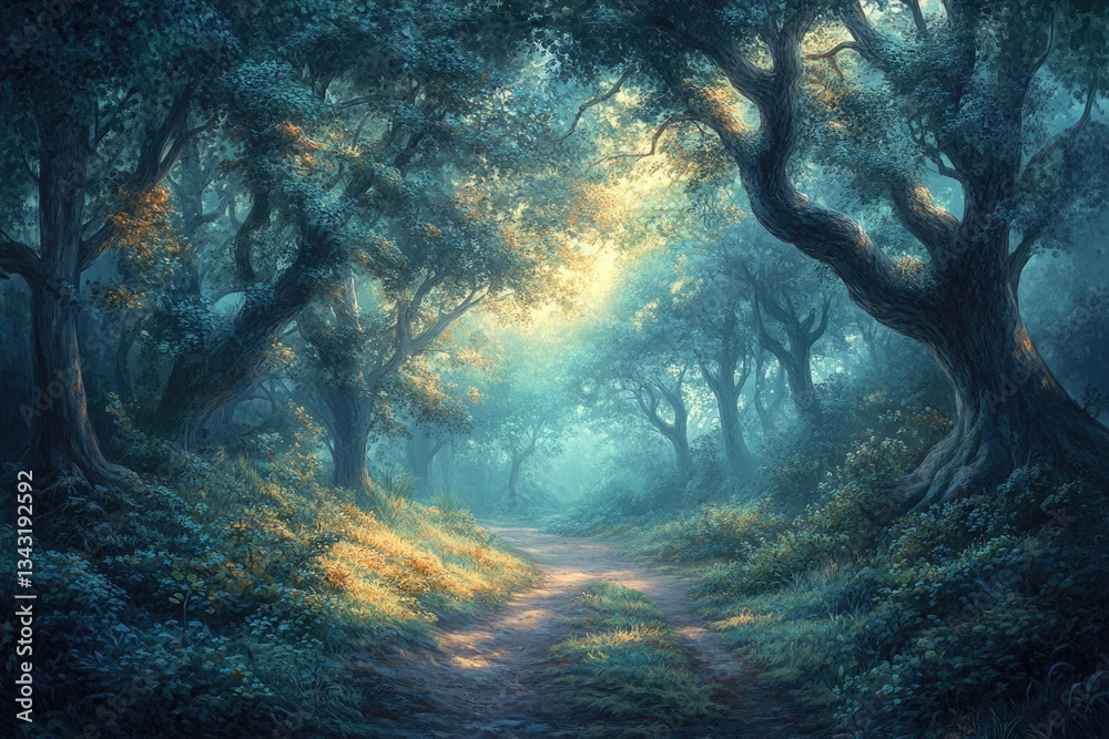 Poster A sunlit path winds through a mystical, fog-laden forest, creating an enchanting scene.