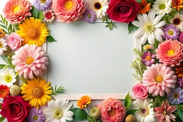 White frame with a bunch of flowers surrounding it