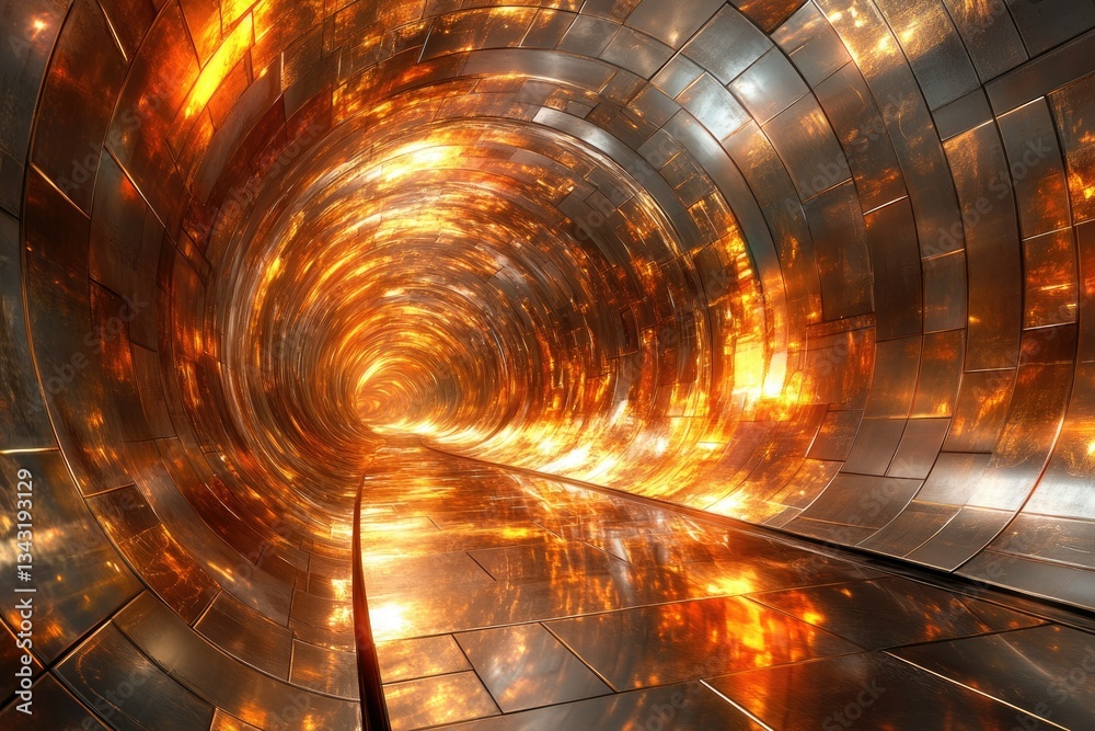 Poster A fiery, metallic tunnel extending into a bright, distant light, creating a futuristic and surreal atmosphere.