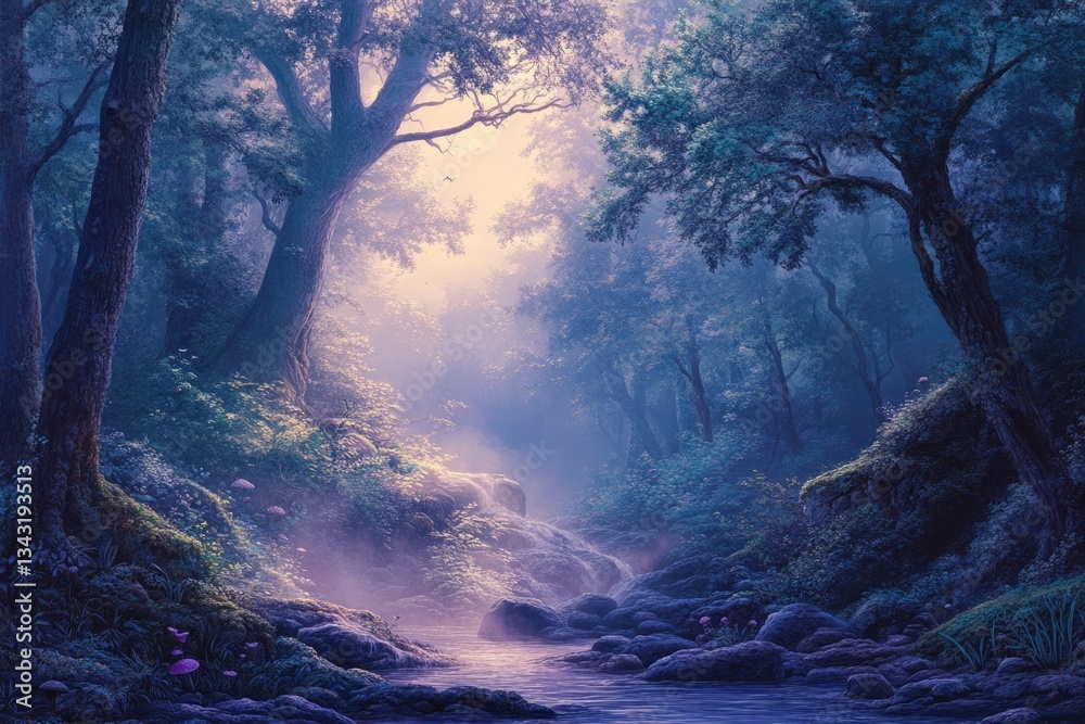 Poster serene stream flows through a mystical forest bathed in ethereal light, creating a magical atmospher