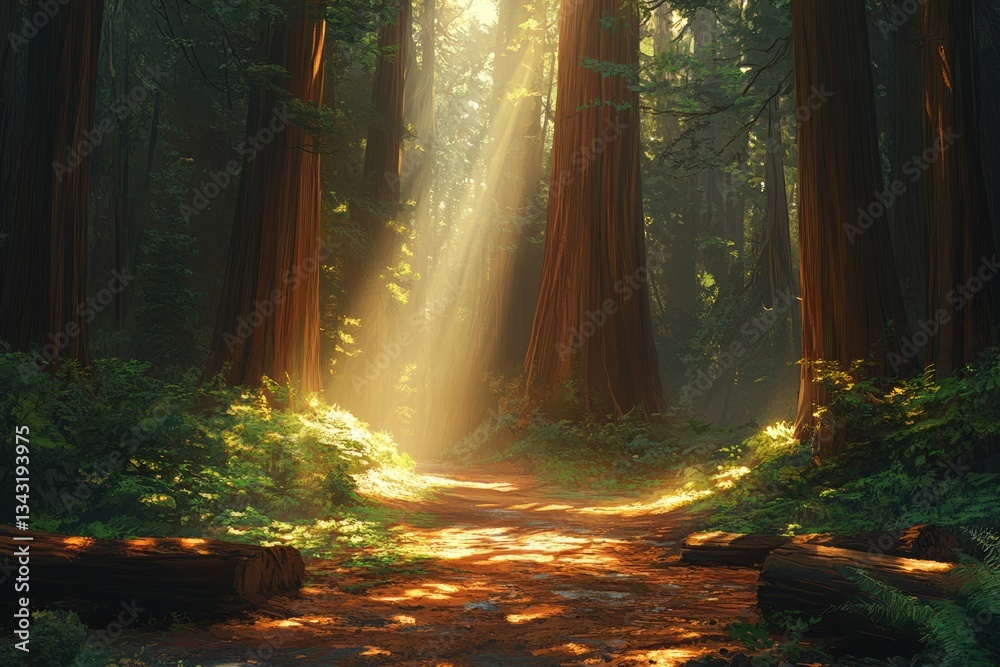 Poster sunbeams pierce a redwood forest, illuminating a path through towering trees and lush undergrowth.