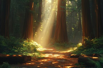 Fototapeta premium Sunbeams pierce a redwood forest, illuminating a path through towering trees and lush undergrowth.