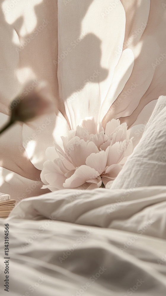 Poster a tranquil bedroom features a soft, faded floral backdrop with light filtering through, casting deli