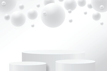 Abstract 3D shape podium with sphere ball on studio background. Pedestal mockup minimal scene empty stage for presentation product cosmetic, stand, showcase, exhibition, fashion display. Vector
