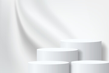 Abstract 3D podium with smooth fabric floating on background. Pedestal mockup minimal scene empty stage for presentation product cosmetic, stand, showcase, exhibition, fashion display. Vector
