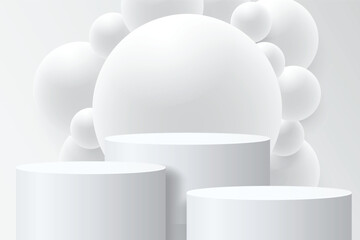 Abstract 3D shape podium with sphere ball on studio background. Pedestal mockup minimal scene empty stage for presentation product cosmetic, stand, showcase, exhibition, fashion display. Vector
