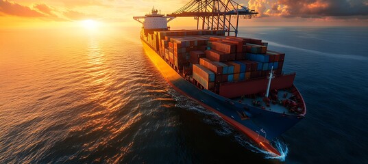 A large container ship sails on the ocean at sunset, illuminated by the golden light, carrying numerous cargo containers
