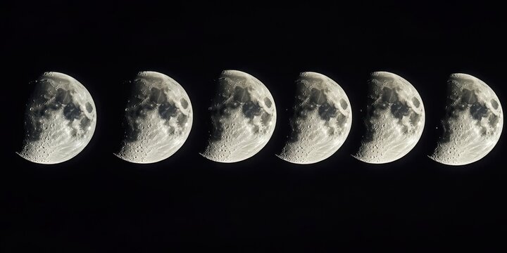 Lunar phases progression: waxing moon cycle over time in night sky