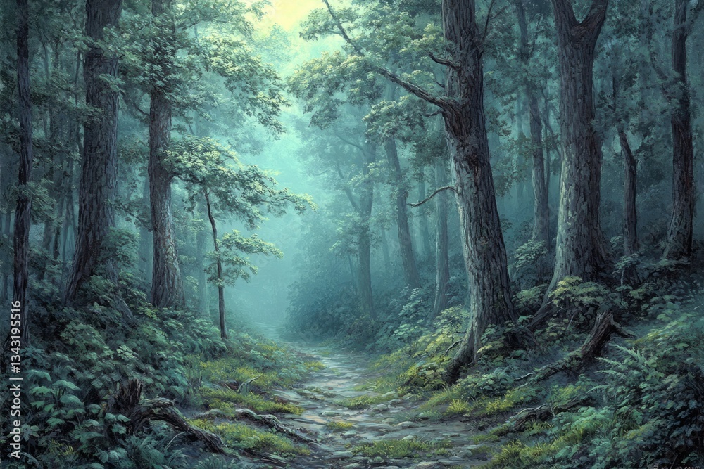 Poster misty forest path winds through tall trees, creating a serene and enchanting atmosphere.