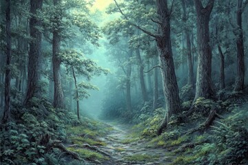 Fototapeta premium Misty forest path winds through tall trees, creating a serene and enchanting atmosphere.