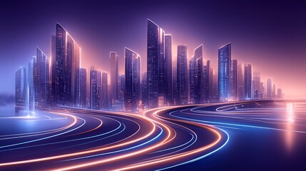 Fototapeta premium Futuristic Cityscape Neon Lights Highway Curves Night Skyline