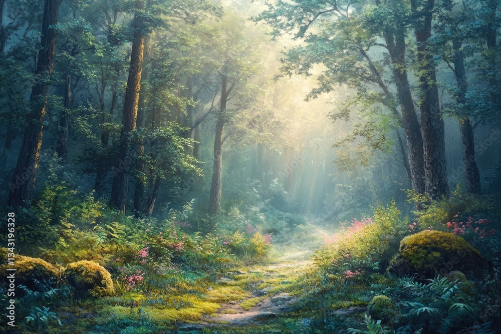 Poster Sunlit path winds through a mystical forest, dappled light and lush greenery create an enchanting scene.