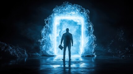 Obraz premium A figure stands before a glowing blue portal, surrounded by a dark, ethereal landscape, holding a book, evoking a sense of mystery and adventure.