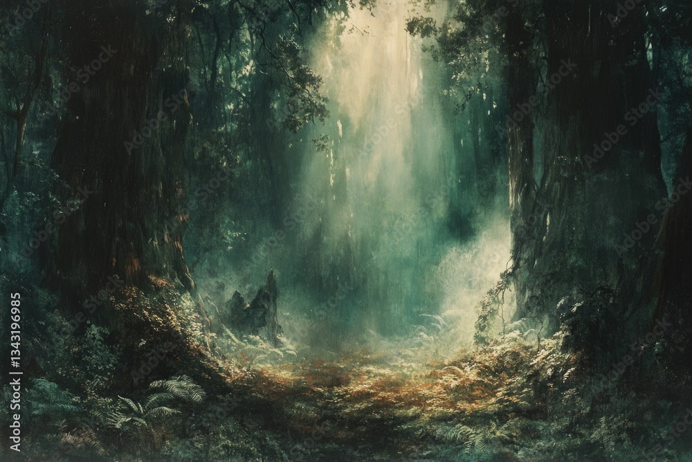 Poster A mystical forest path bathed in ethereal sunlight, creating a serene and enchanting atmosphere.