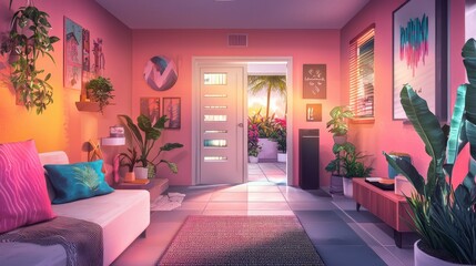 Vibrant Pink Foyer  Tropical Plants  Modern Home Interior Design