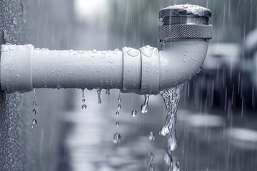 Sharp Focus on Water Leaking from a Sink Pipe, Surrounded by Multiple White Pipes – Concept of Plumbing Issues and Household Maintenance