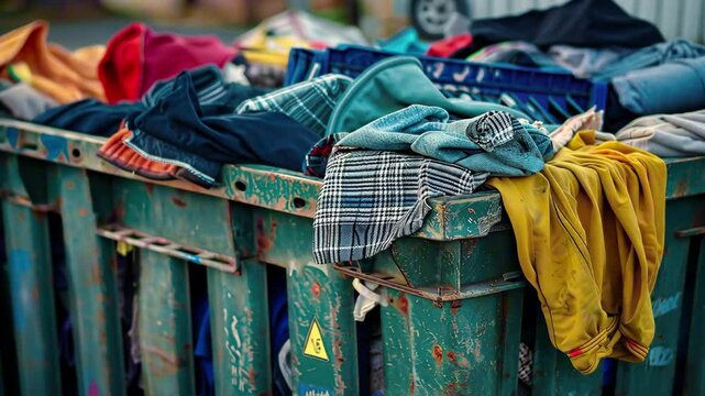 Overflowing dumpster filled with discarded clothes, highlighting textile waste and environmental pollution. Concept of fast fashion waste and sustainability issues