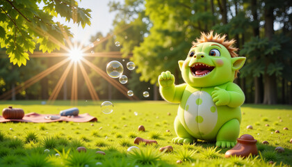 Naklejka premium Cute green monster blowing bubbles in sunny park, playful atmosphere