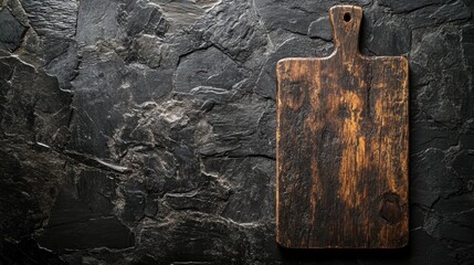 A dark, rustic cutting board, its surface worn smooth by countless culinary adventures, rested majestically on a stark black stone background, a minimalist canvas for the creation of culinary
