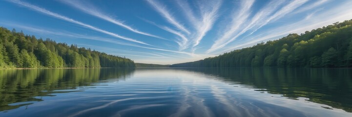 Serene Lake Reflection: Forest Scenery Under a Sky Streaked with Cirrus Clouds