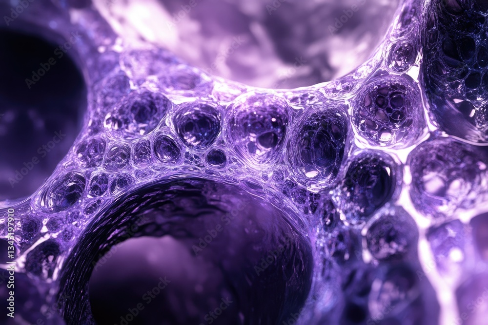 Poster close-up view of a vibrant purple, organic, bubble-like structure resembling a complex network.