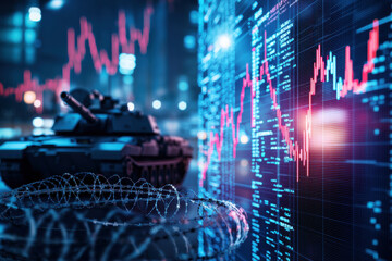 A modern tank against a backdrop of digital finance and market data visuals.