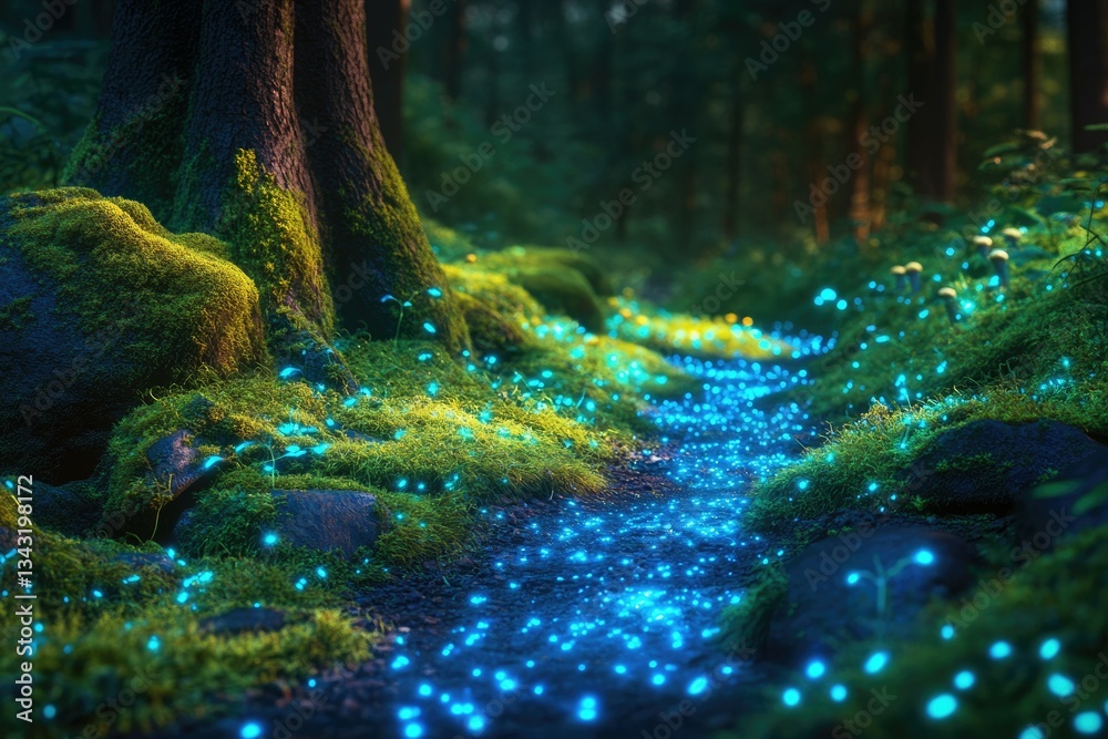 Poster enchanted forest path glowing with bioluminescent moss and flowers, creating a magical scene.