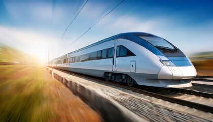 Fototapeta premium Modern high speed train speeding on railway tracks at sunset