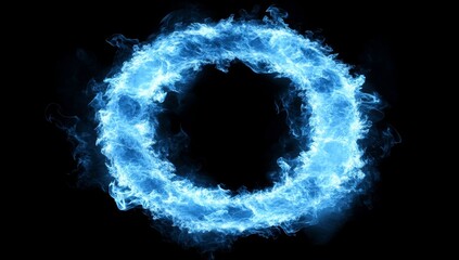 An abstract circle with wavy, flowing lines in a blue-green gradient, set in a round frame and isolated on a black background, representing modern technology, science, and music