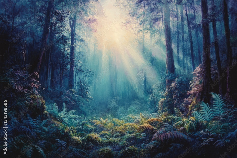Poster sunbeams pierce a mystical, ethereal forest, illuminating ferns and ancient trees in a magical scene