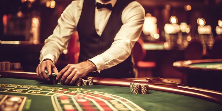 Croupier counting chips on roulette table in casino