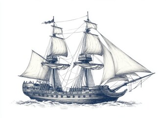 Hand-drawn pirate ship sailboat engraving with a retro feel. Modern illustration design