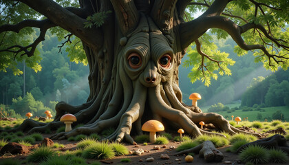 Fototapeta premium Wise ent with glowing fungi in misty forest, enchanting nature