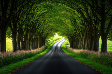 Fototapeta premium A serene tree-lined road creating an enchanting tunnel of greenery.