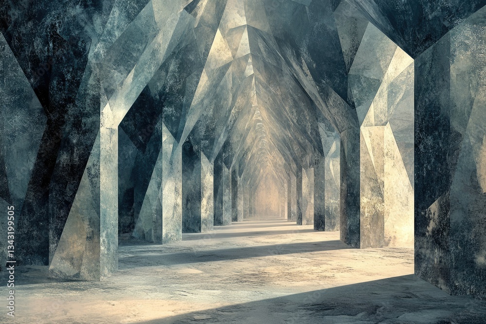 Poster a long, dimly lit corridor with geometric, aged concrete pillars, creating a mysterious and awe-insp