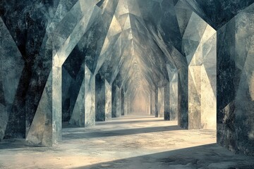 A long, dimly lit corridor with geometric, aged concrete pillars, creating a mysterious and awe-inspiring atmosphere.