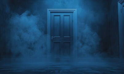 Mysterious Blue Doorway in Foggy Room